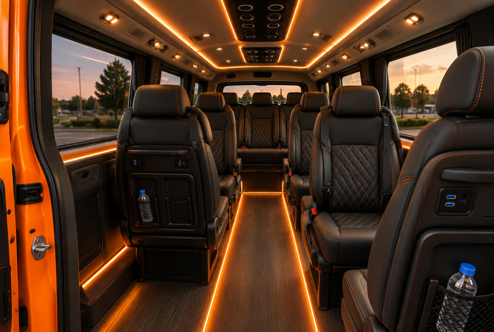 Interiorul microbuzului: scaune comode, lumini LED ambientale, aer condiționat